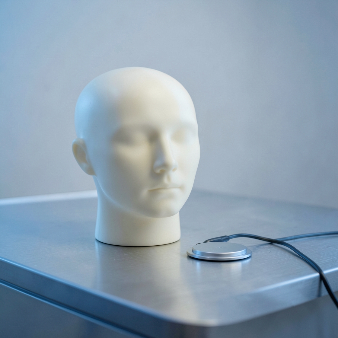 An ivory head model beside a round metal disc and cable on a laboratory bench