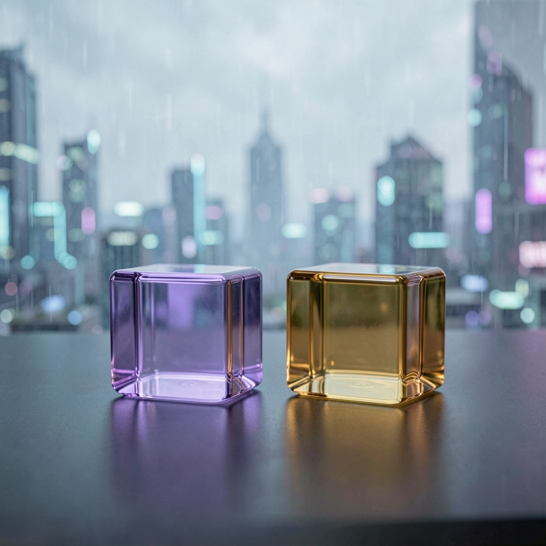 Violet and amber glass cubes on a dark desk in front of a blurred futuristic city.