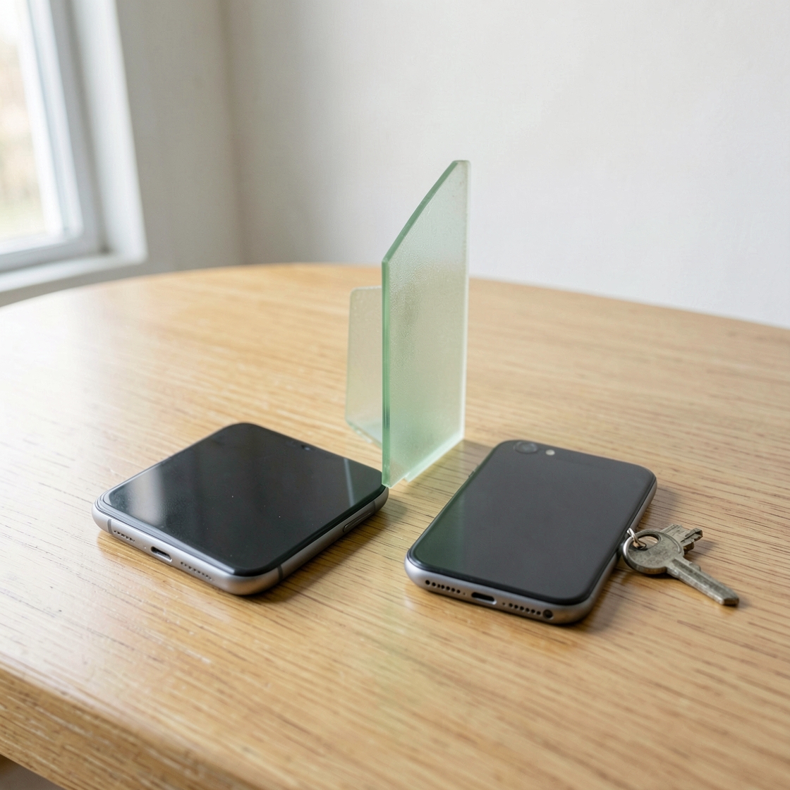 Two dark smartphones separated by frosted glass, with metal keys on a light wooden table