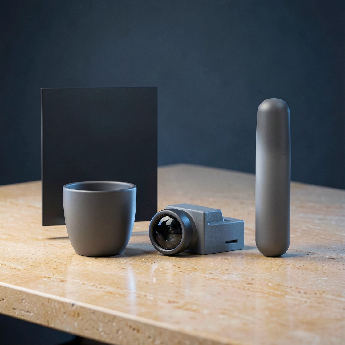 Abstract still life with a blank dark panel, ceramic cup, lens-shaped block and rounded capsule on a stone table