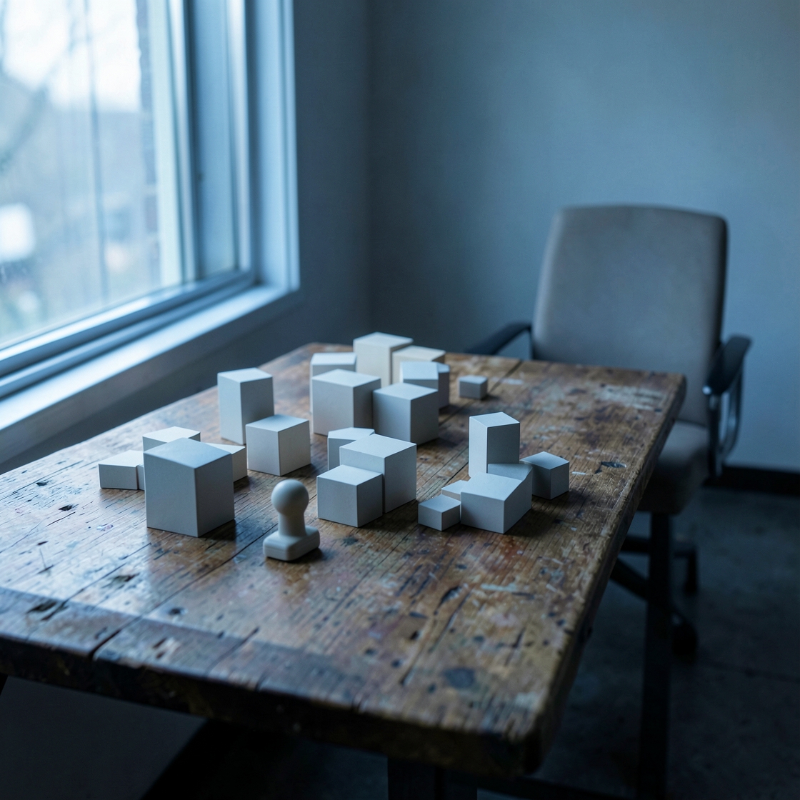 Blank blocks and a small game piece on a wooden table beside an empty chair