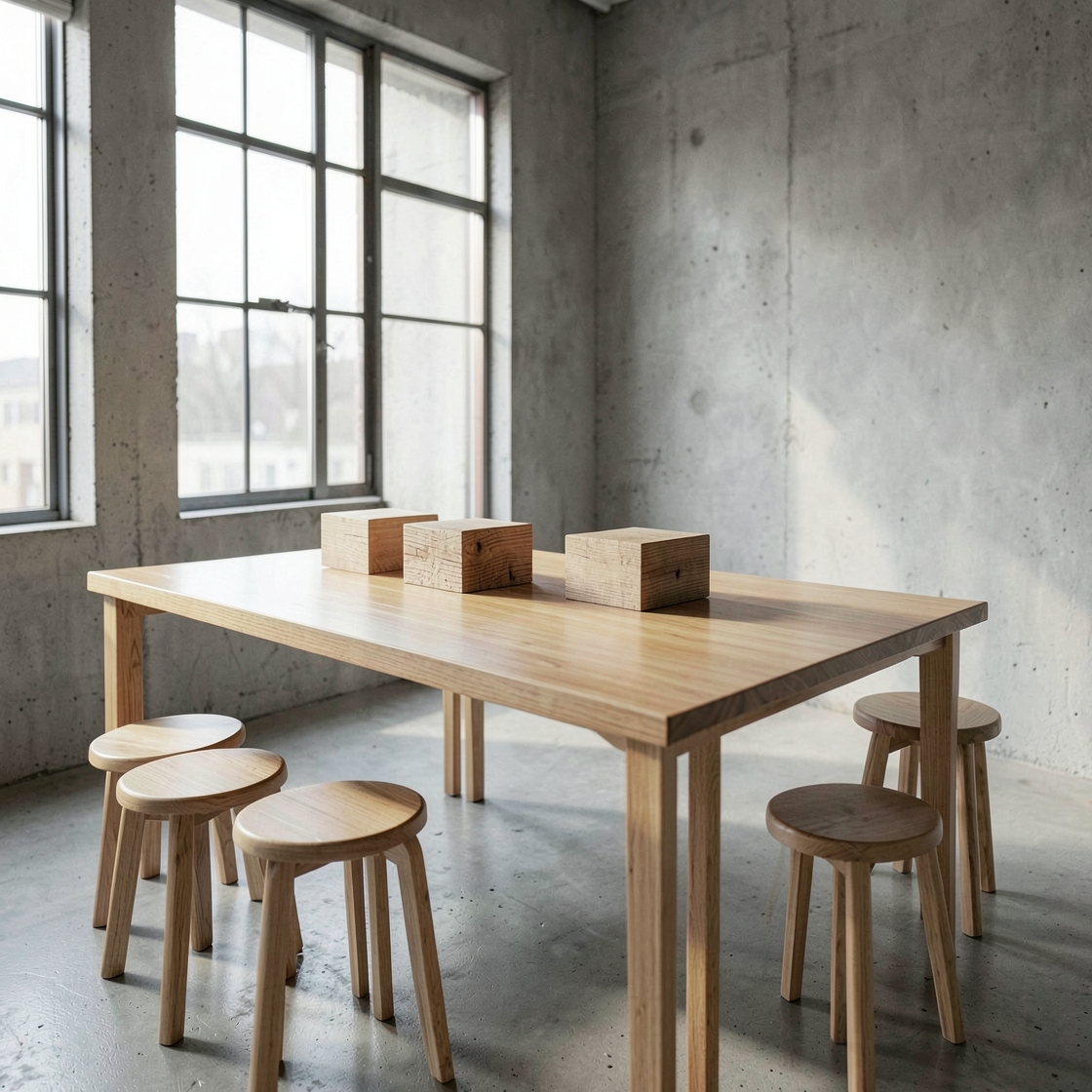 An empty shared workroom with a wooden table, plain stools and unfinished wooden blocks.