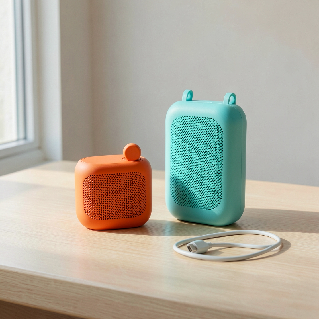 Conceptual orange and turquoise portable speakers with a cable on a wooden desk