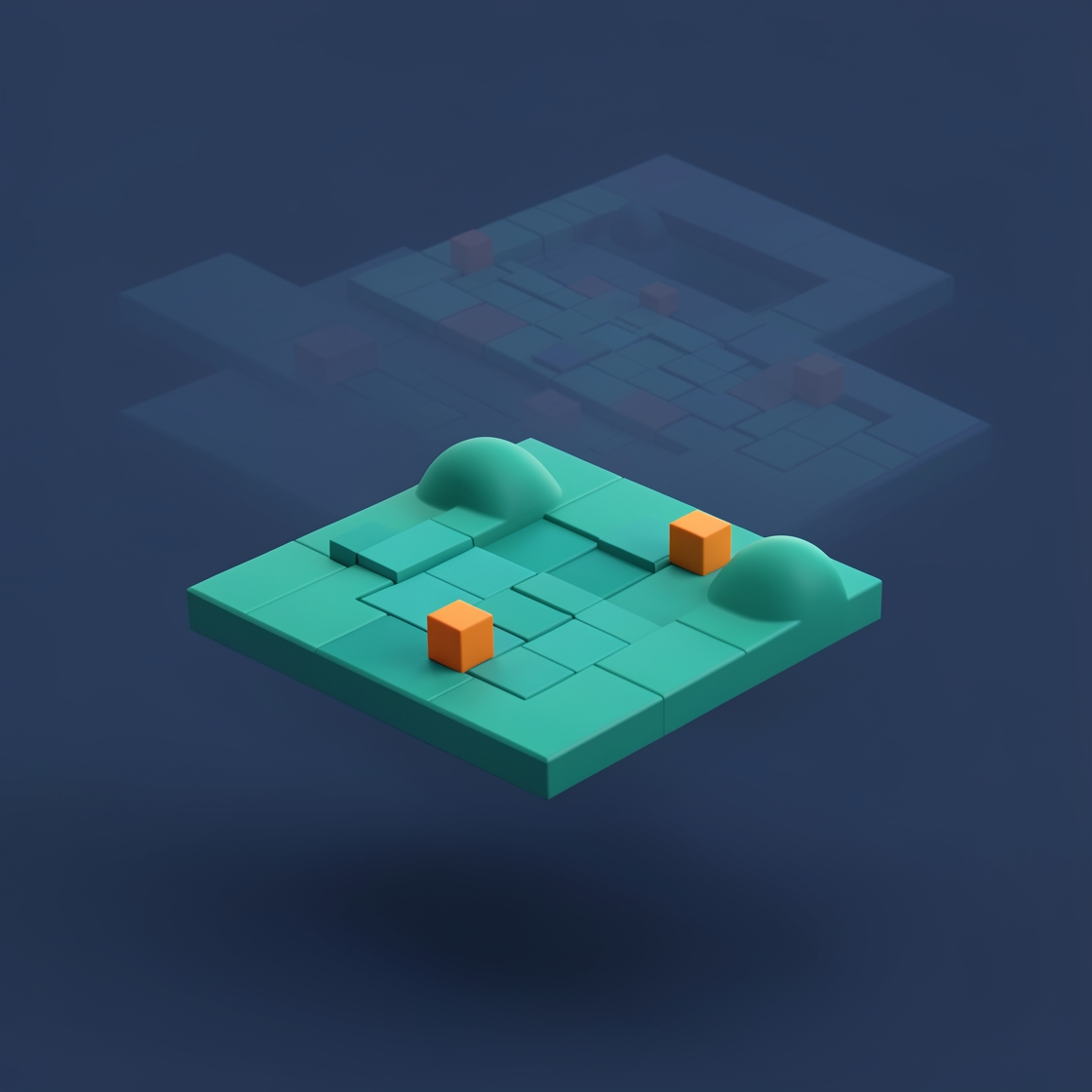 An isometric teal puzzle platform with orange cubes and rounded hills, with a faint second arrangement behind it.