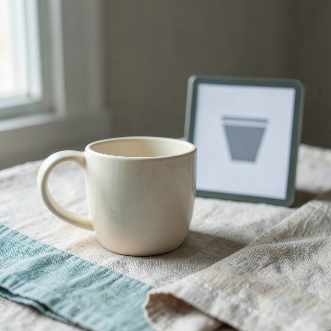 A cream ceramic cup on linen beside a small display showing an abstract cup silhouette.
