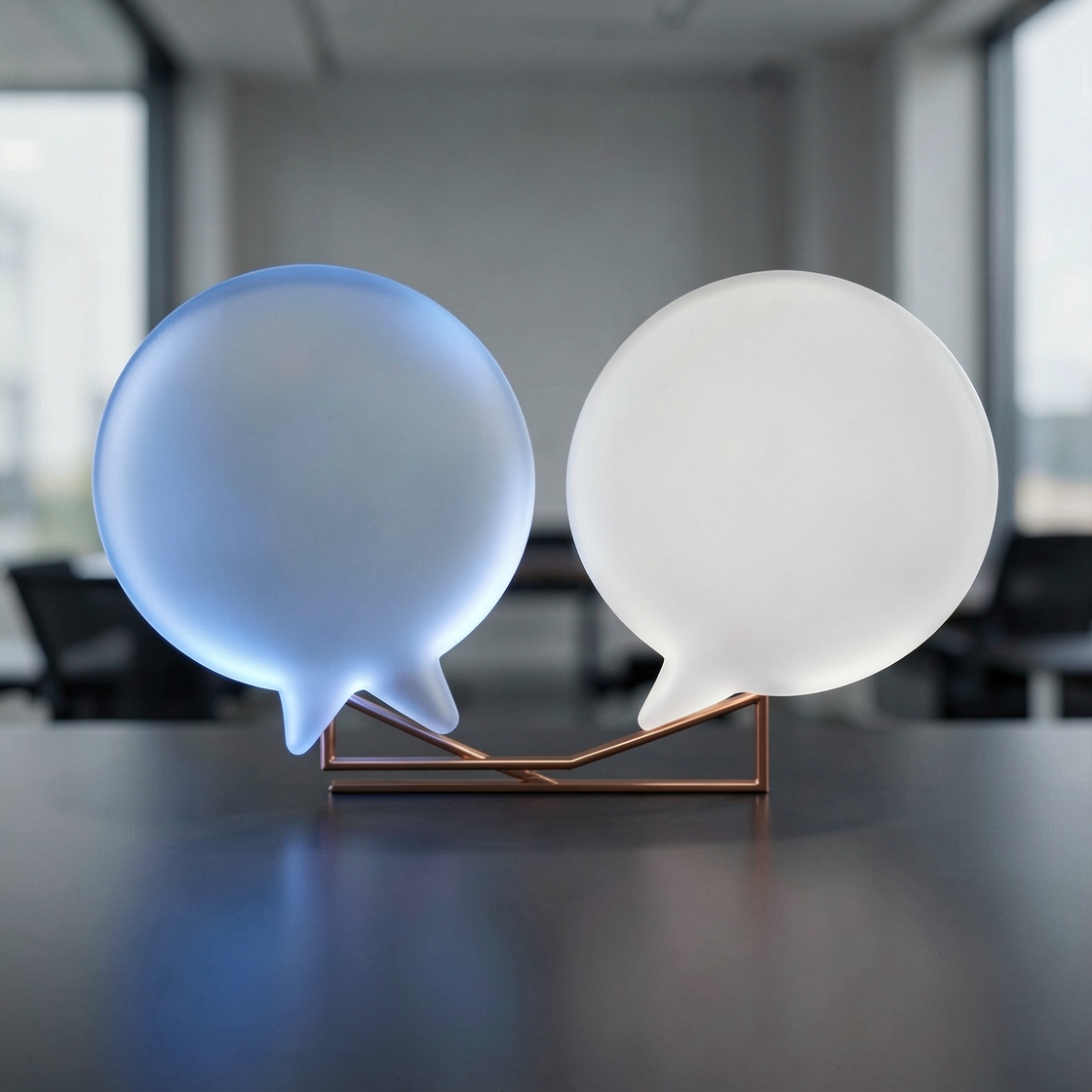Blue and white frosted-glass speech-bubble sculptures joined by a copper support on a dark desk.