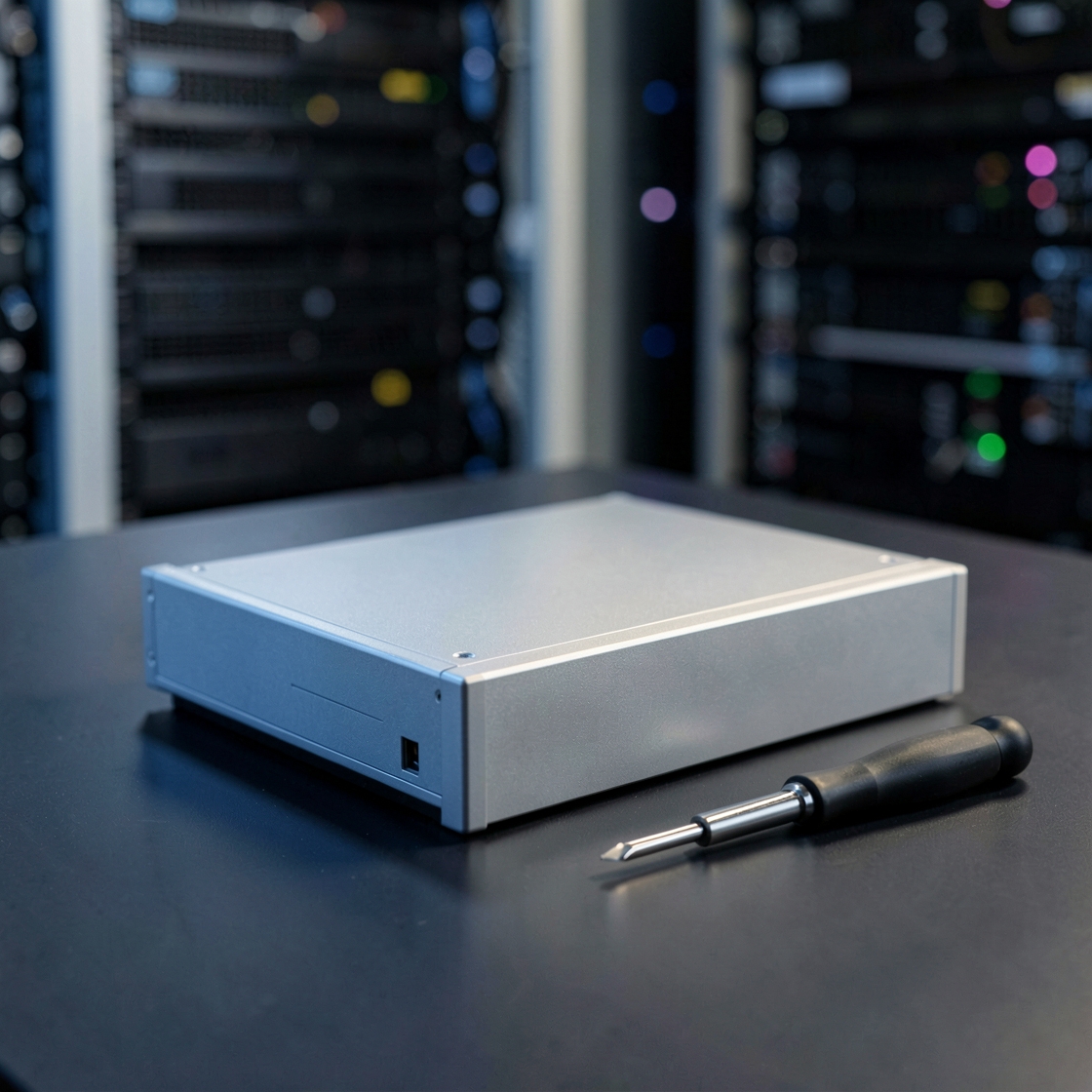 An unbranded silver server enclosure and screwdriver on a workbench, with server racks behind.