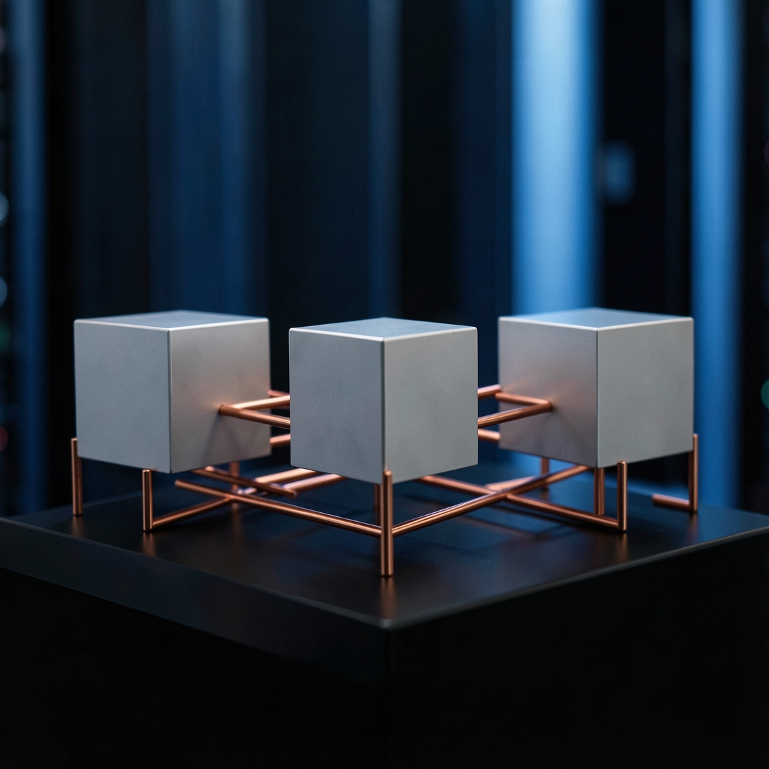 Three plain silver cubes connected by copper rods on a black platform against a blue background.
