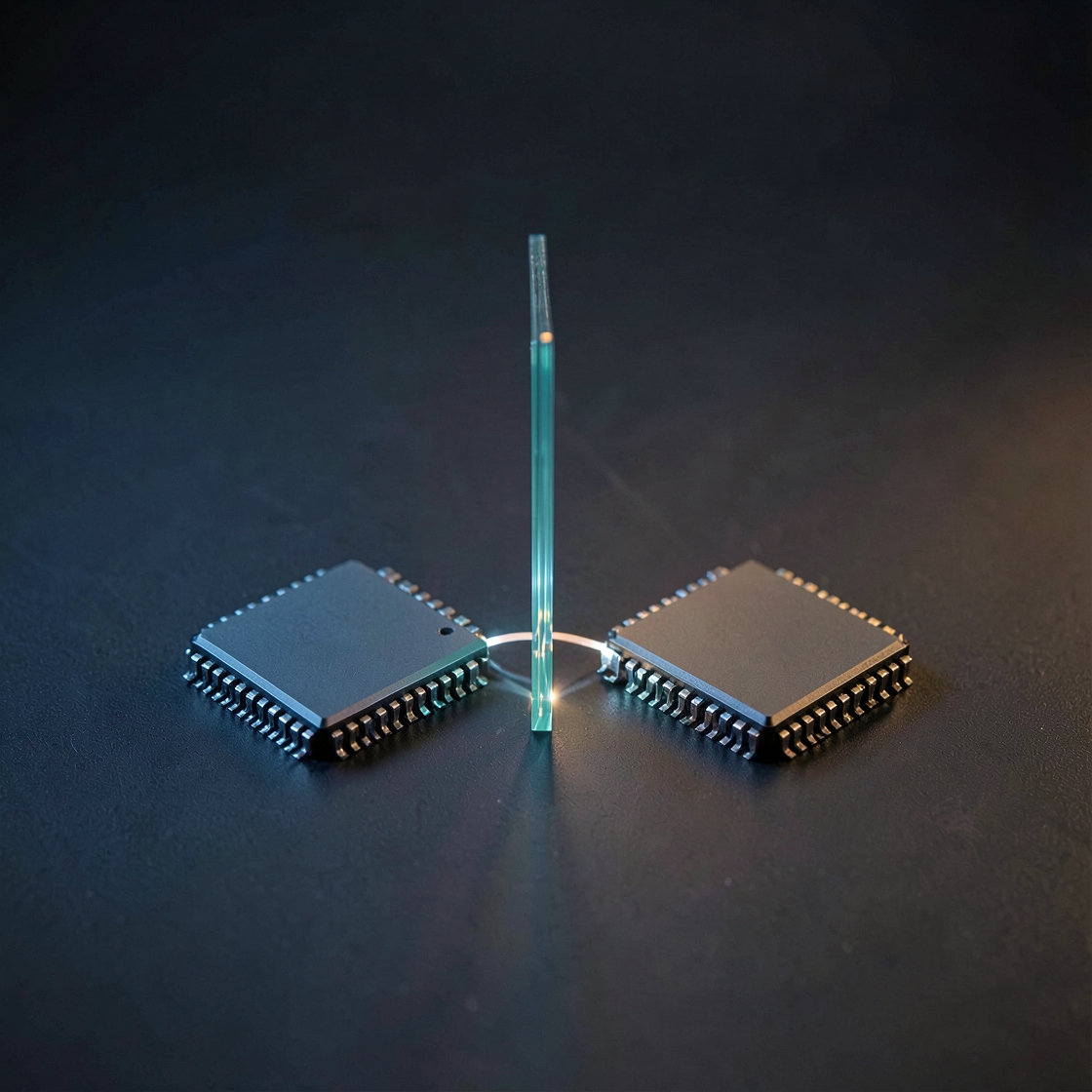 Two unmarked silicon chips separated by an upright glass panel on a dark surface