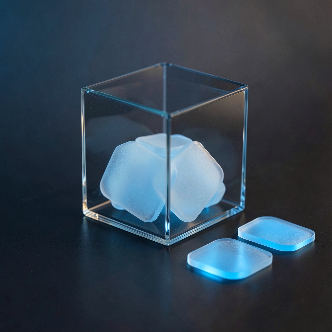Blank frosted glass tiles inside an open clear cube, with two blue tiles outside on a dark surface.