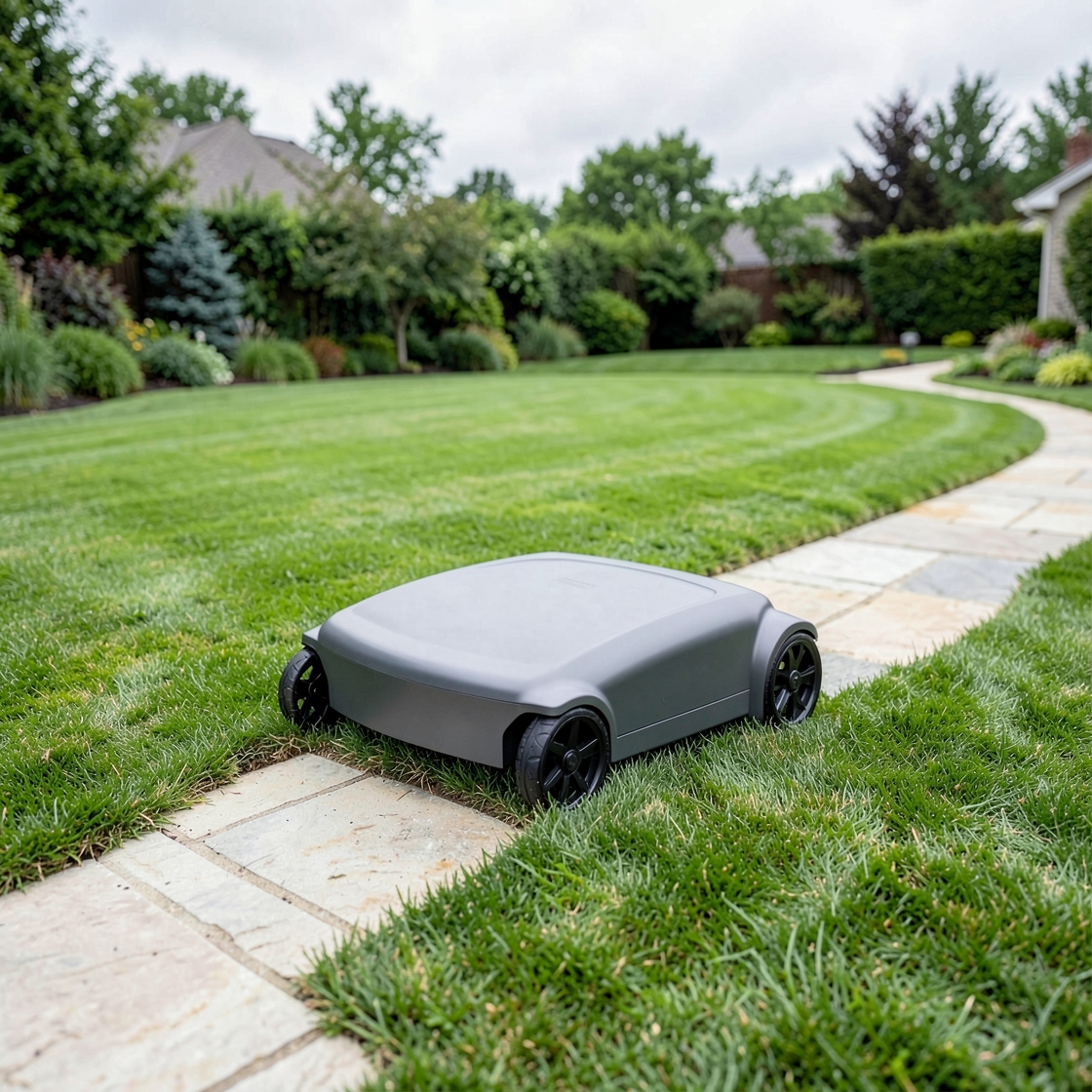 Generic unbranded robot mower concept on a lawn, not a specific Husqvarna model