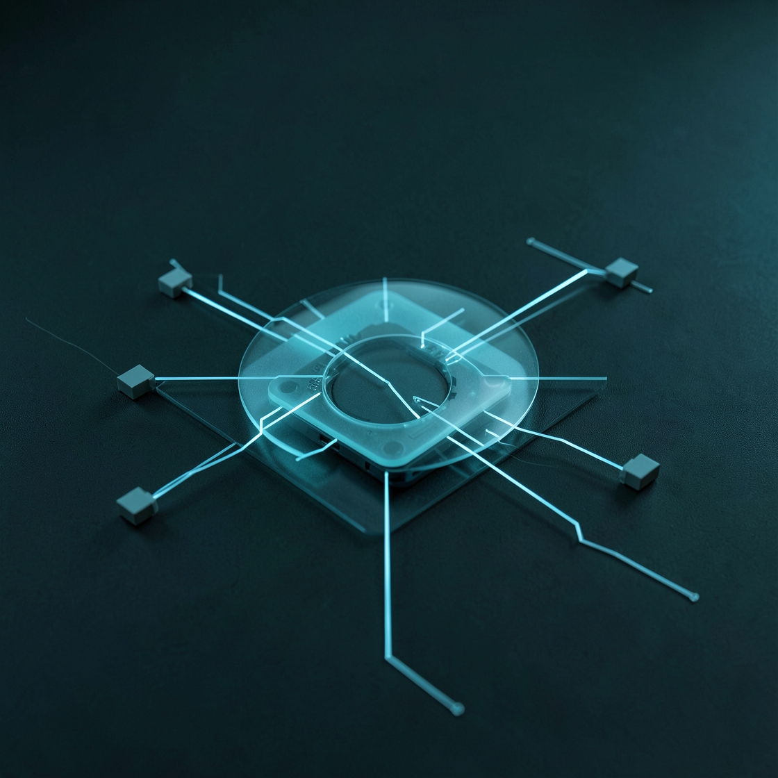 Abstract illustration of glowing circuit paths branching from a frosted circular hub toward small terminals on a dark surface