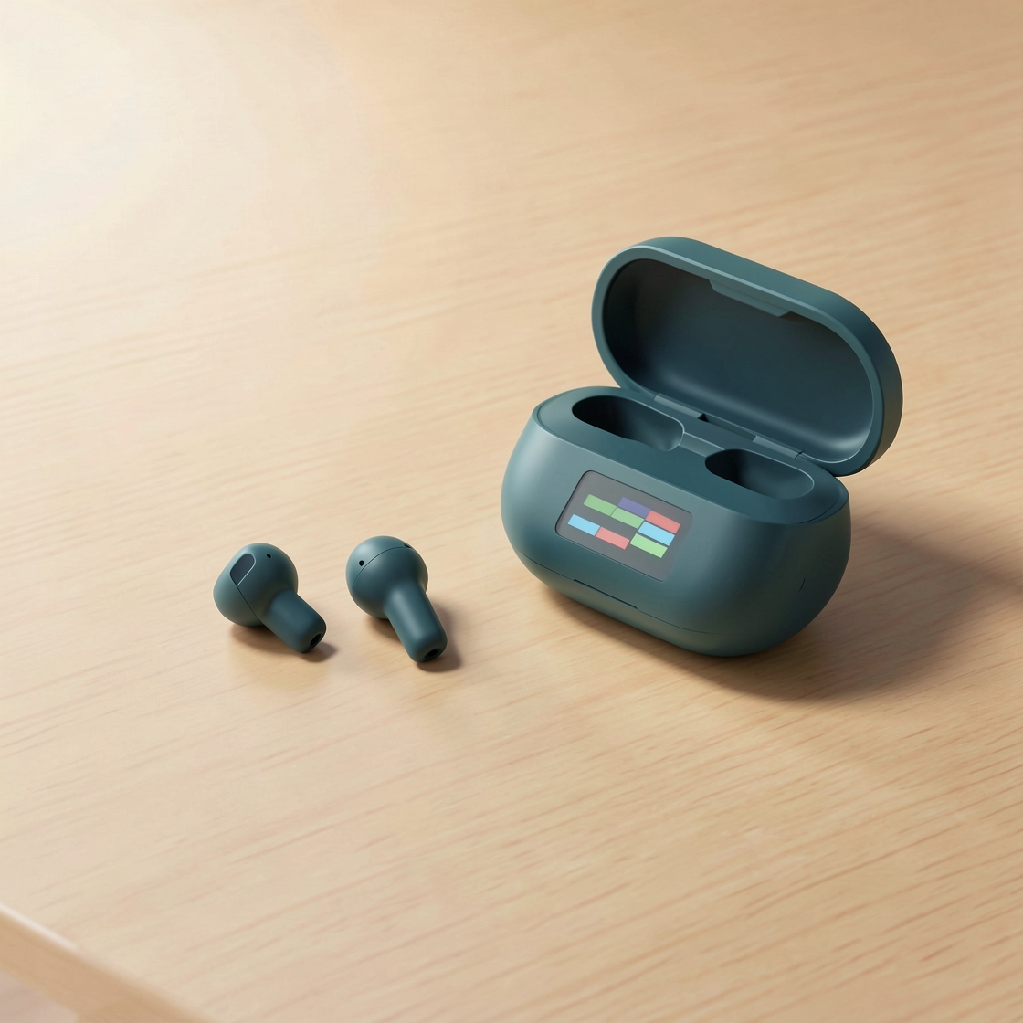 Illustration of two dark wireless earbuds beside an open charging case with a colored abstract front display on a pale wood desk.