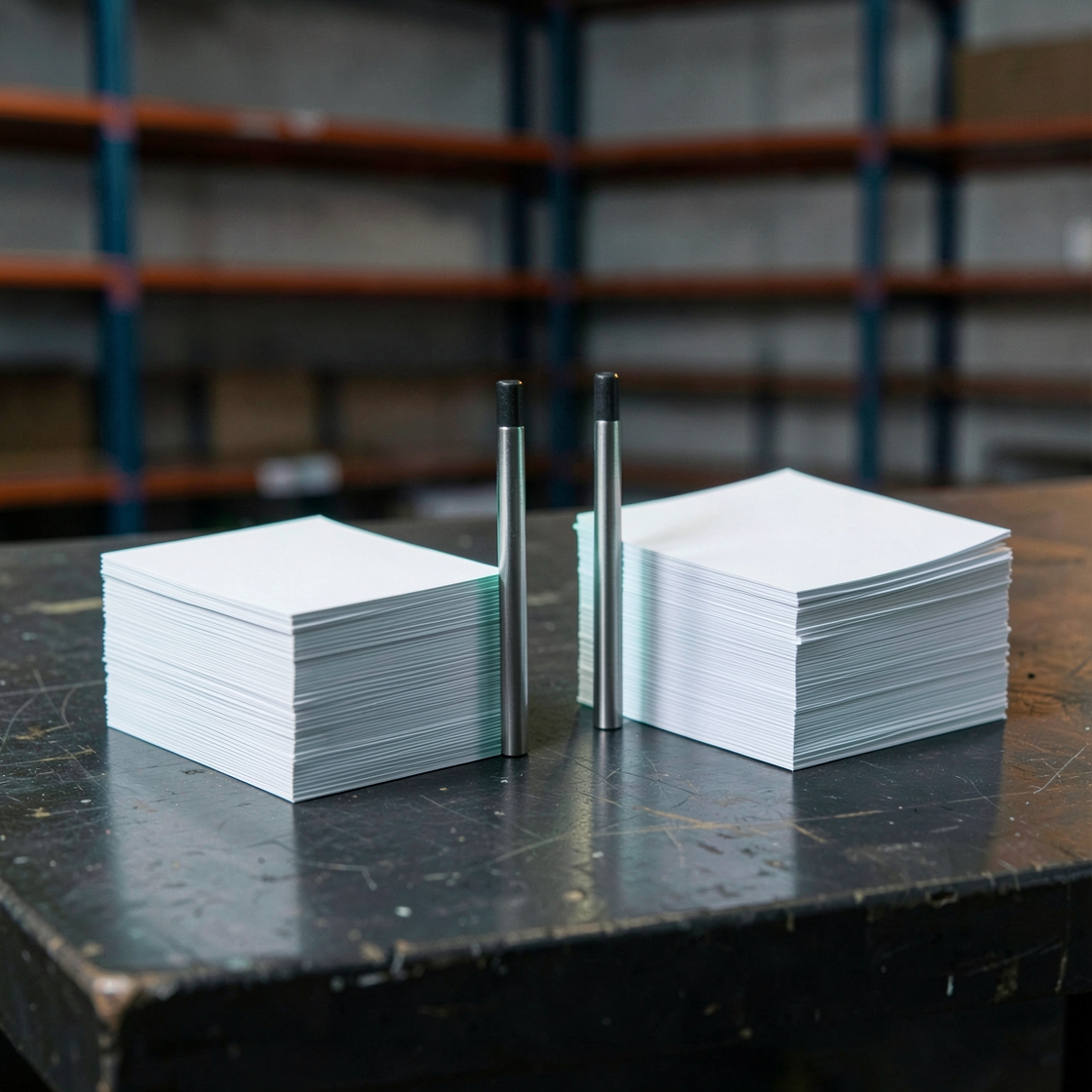 Two stacks of blank white cards separated by metal posts on a workbench in a warehouse.