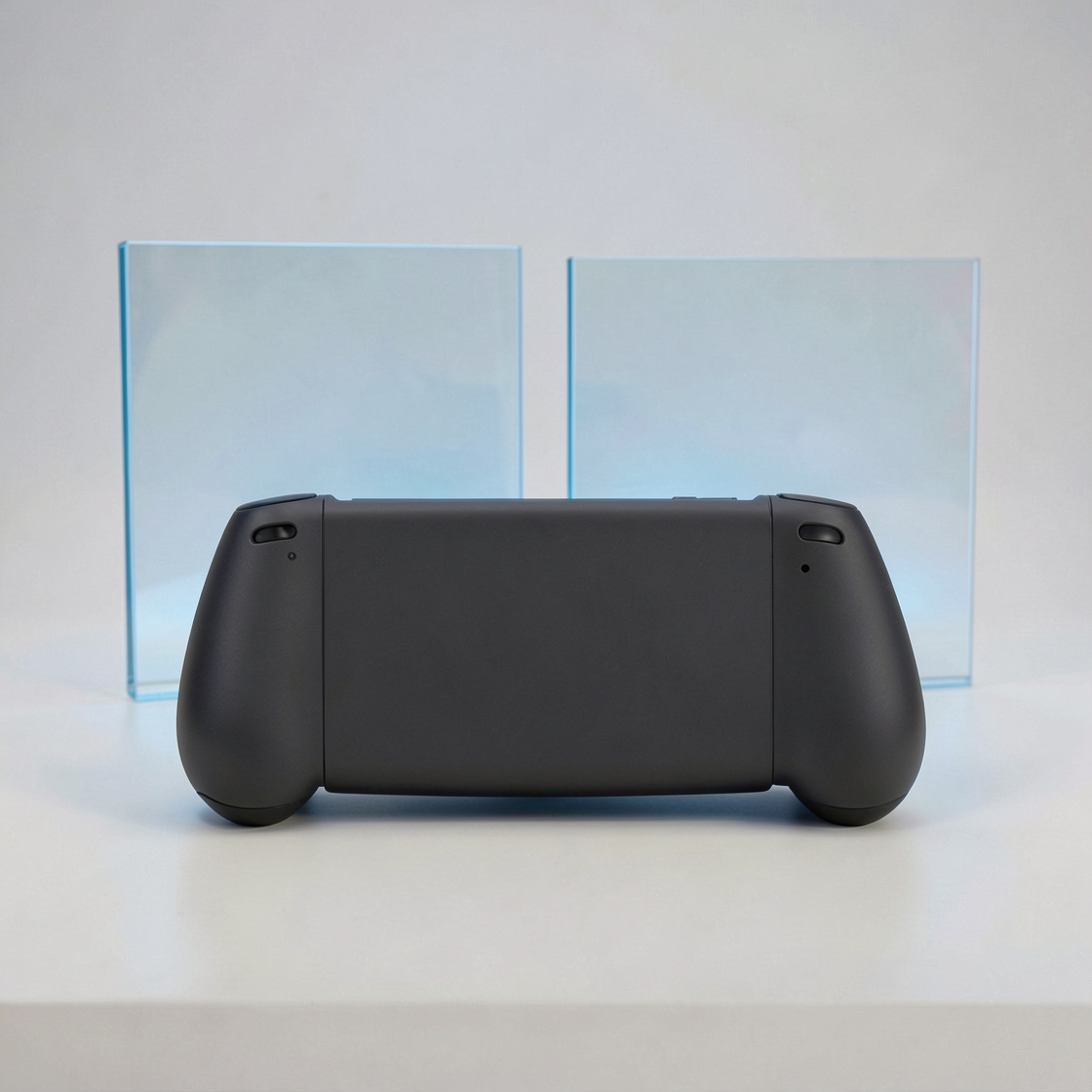Rear view of a conceptual gray gaming handheld in front of two clear glass panels