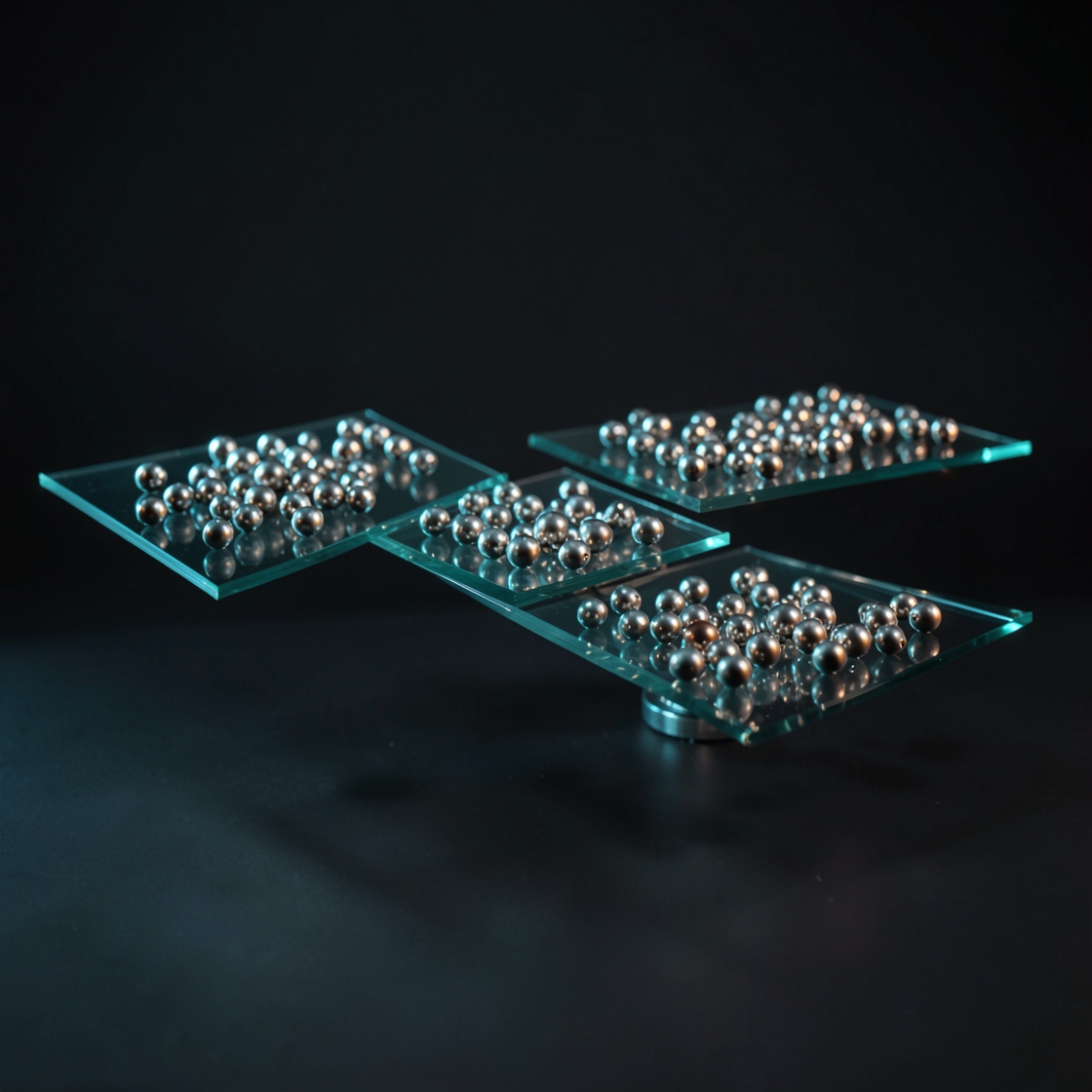 Abstract translucent layers and metallic spheres illustrating a quantum computing design