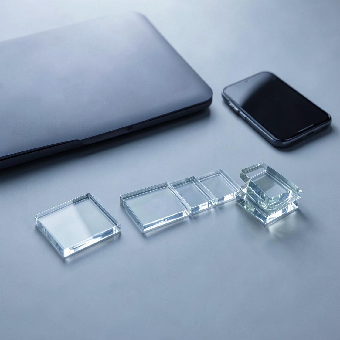 Closed laptop, dark phone and grouped clear glass tiles on a desk