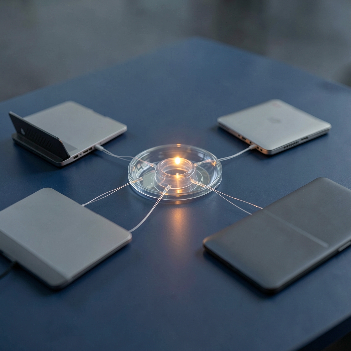 Four unbranded closed devices linked by thin cables to a glowing glass hub on a dark blue surface