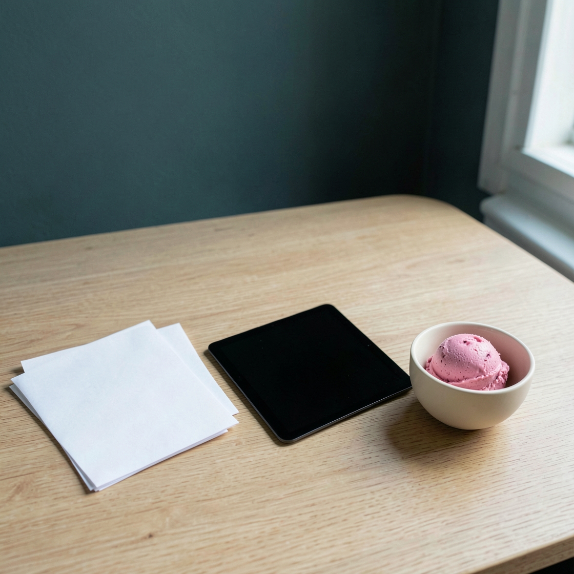 Blank paper, a dark tablet and pink frozen dessert in a ceramic bowl on a wooden table.