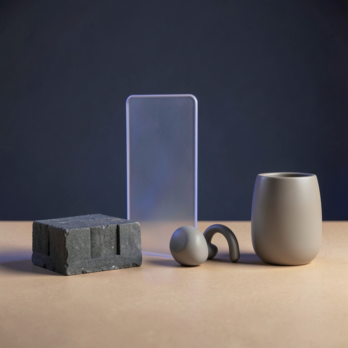 Abstract still life with a dark stone block, translucent rectangle, pebble and arc, and ceramic cup on a neutral tabletop