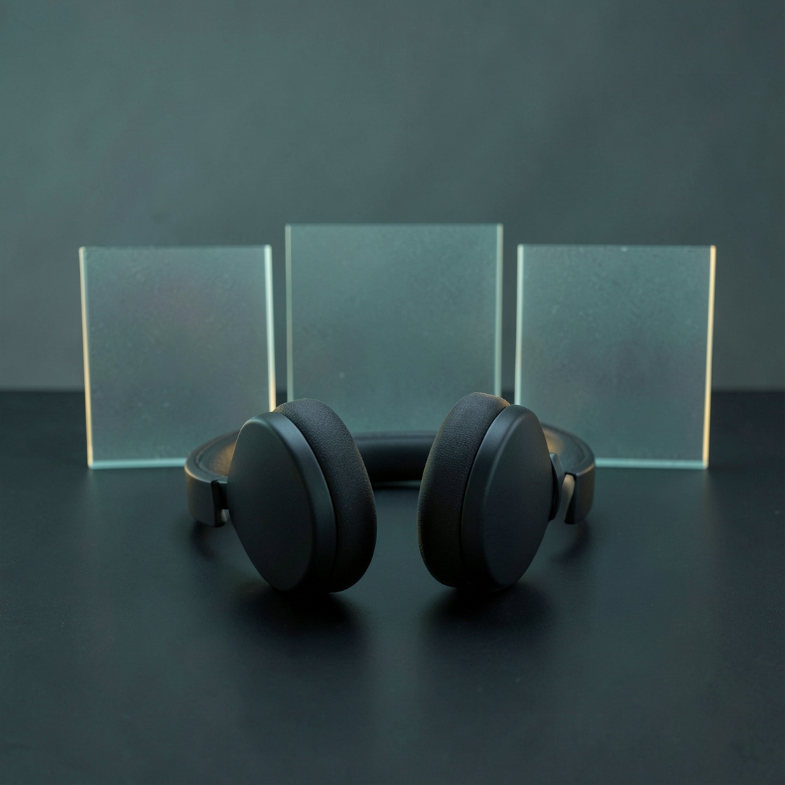 Generic black over-ear headphones on a dark desk with three blank glass panels behind them
