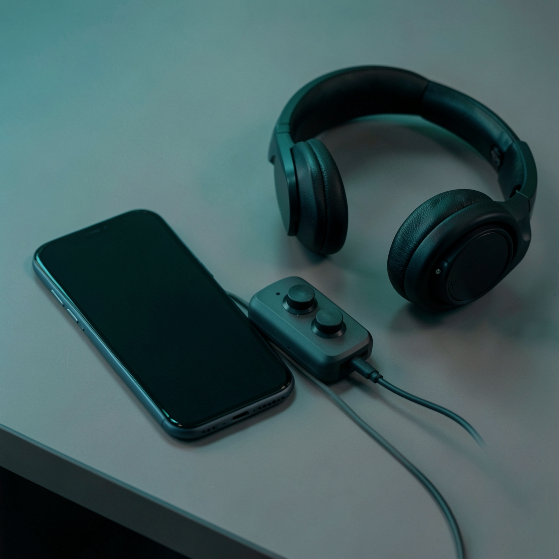 A dark-screen phone, a small two-knob audio controller and black headphones on a desk.