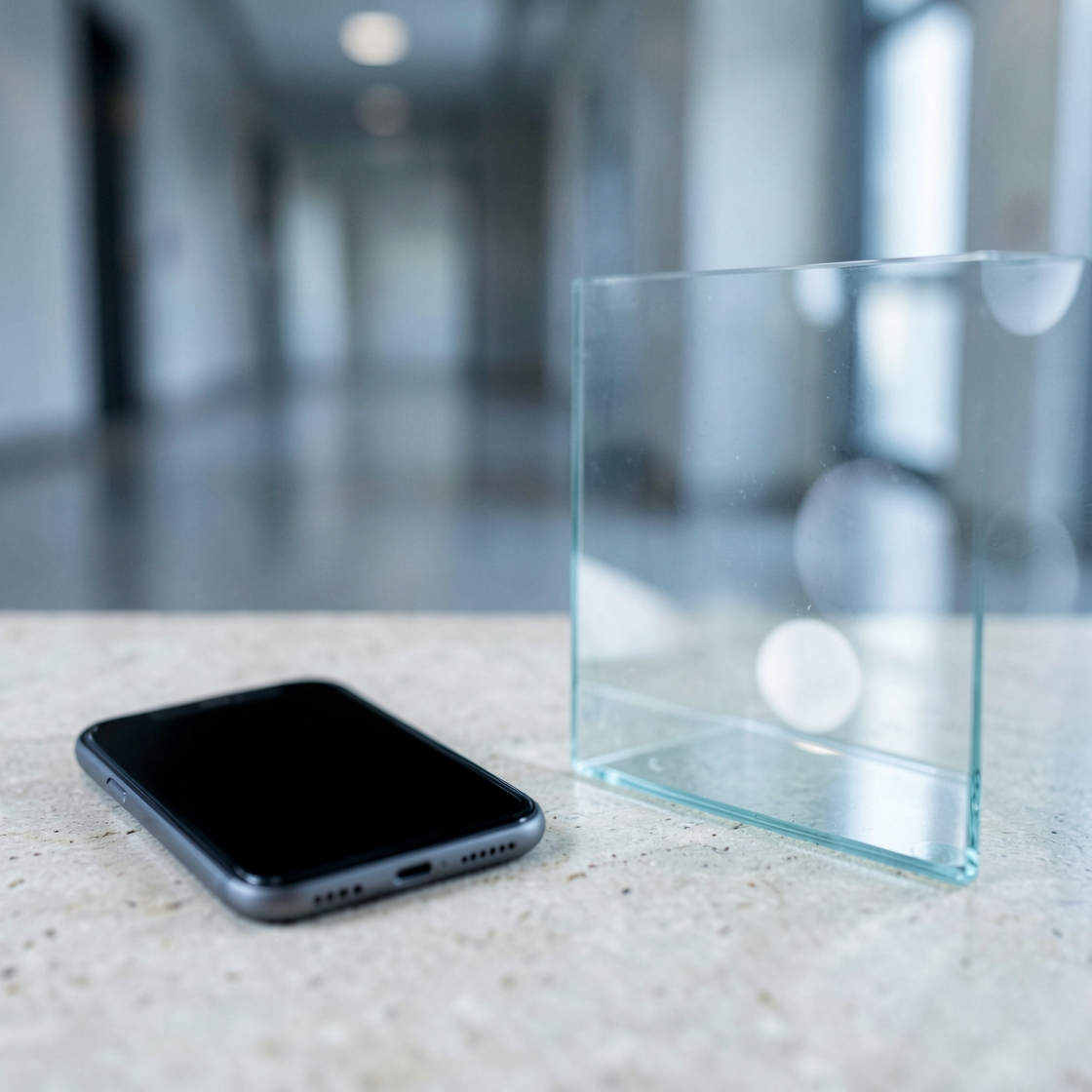 Unbranded black-screen phone beside a plain glass panel in a quiet corridor