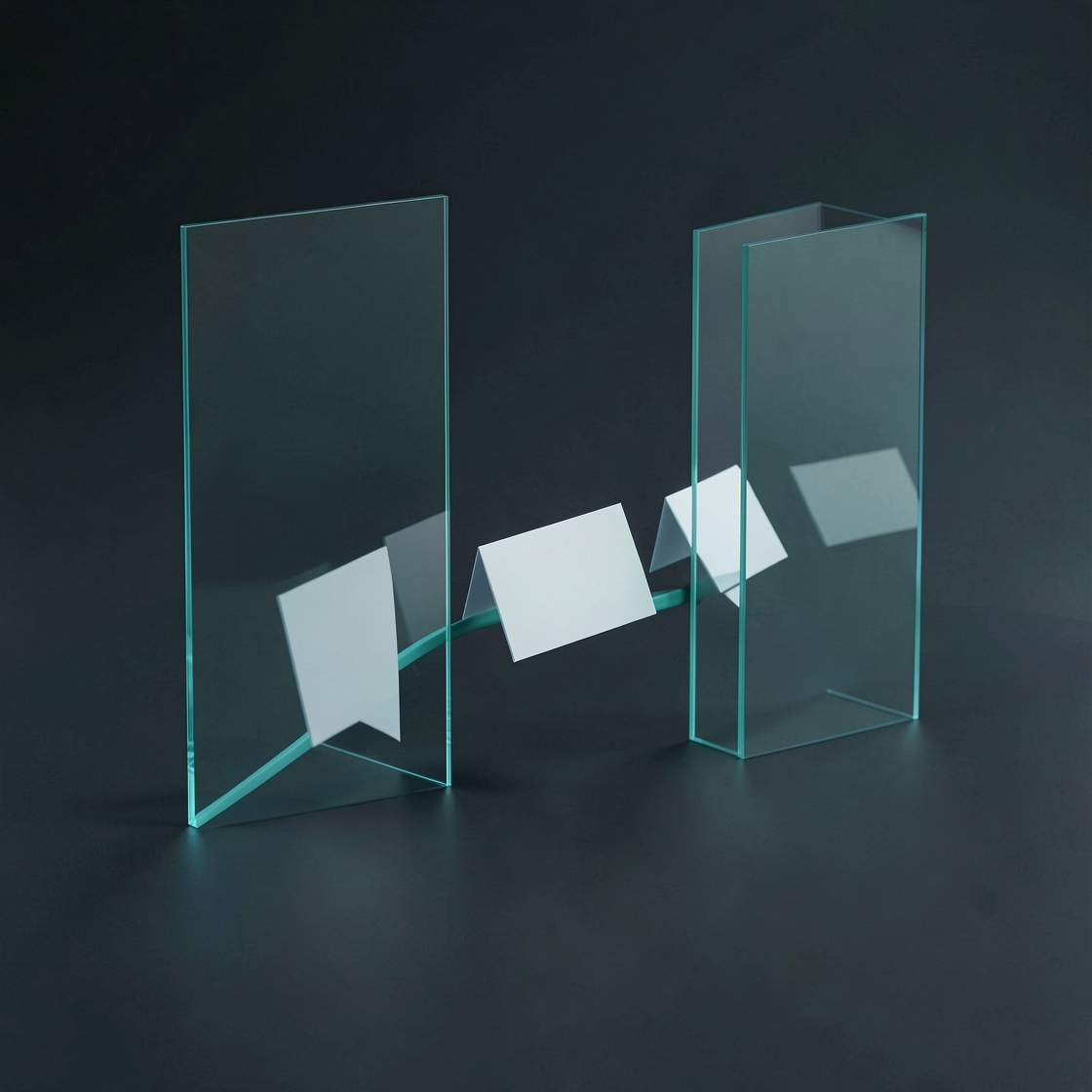 Blank white cards arranged along a teal path between transparent upright panels on a dark surface.