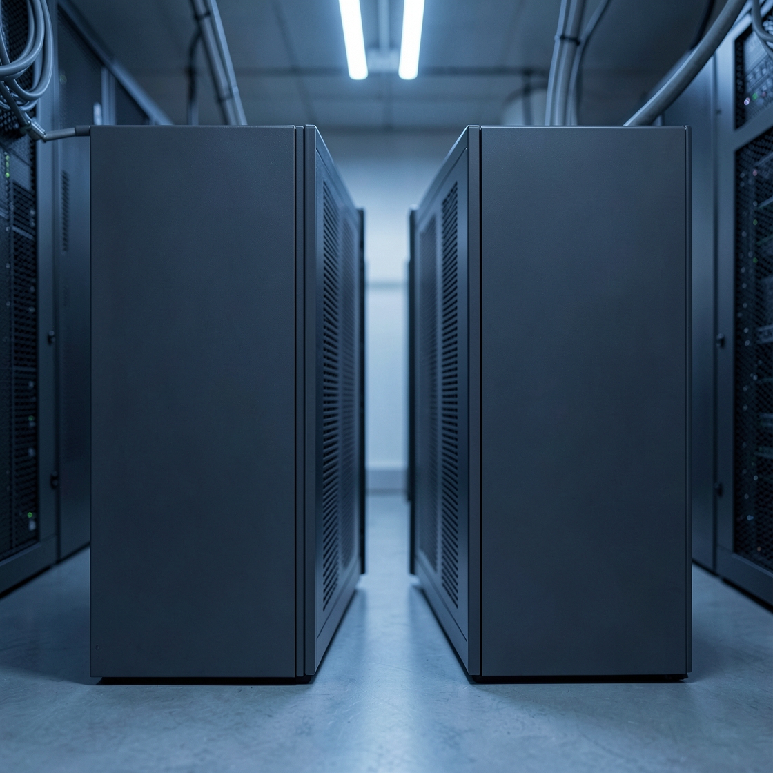 Two plain dark computing cabinets with ventilation slots in a softly lit data centre aisle.