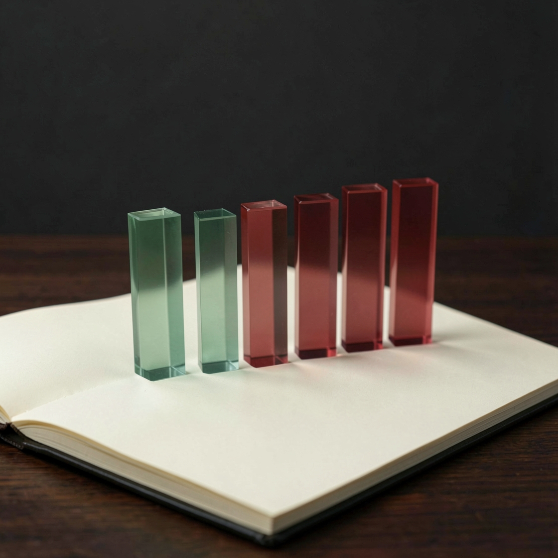 Six green and red glass bars of different heights stand on the blank pages of an open notebook on a dark desk.