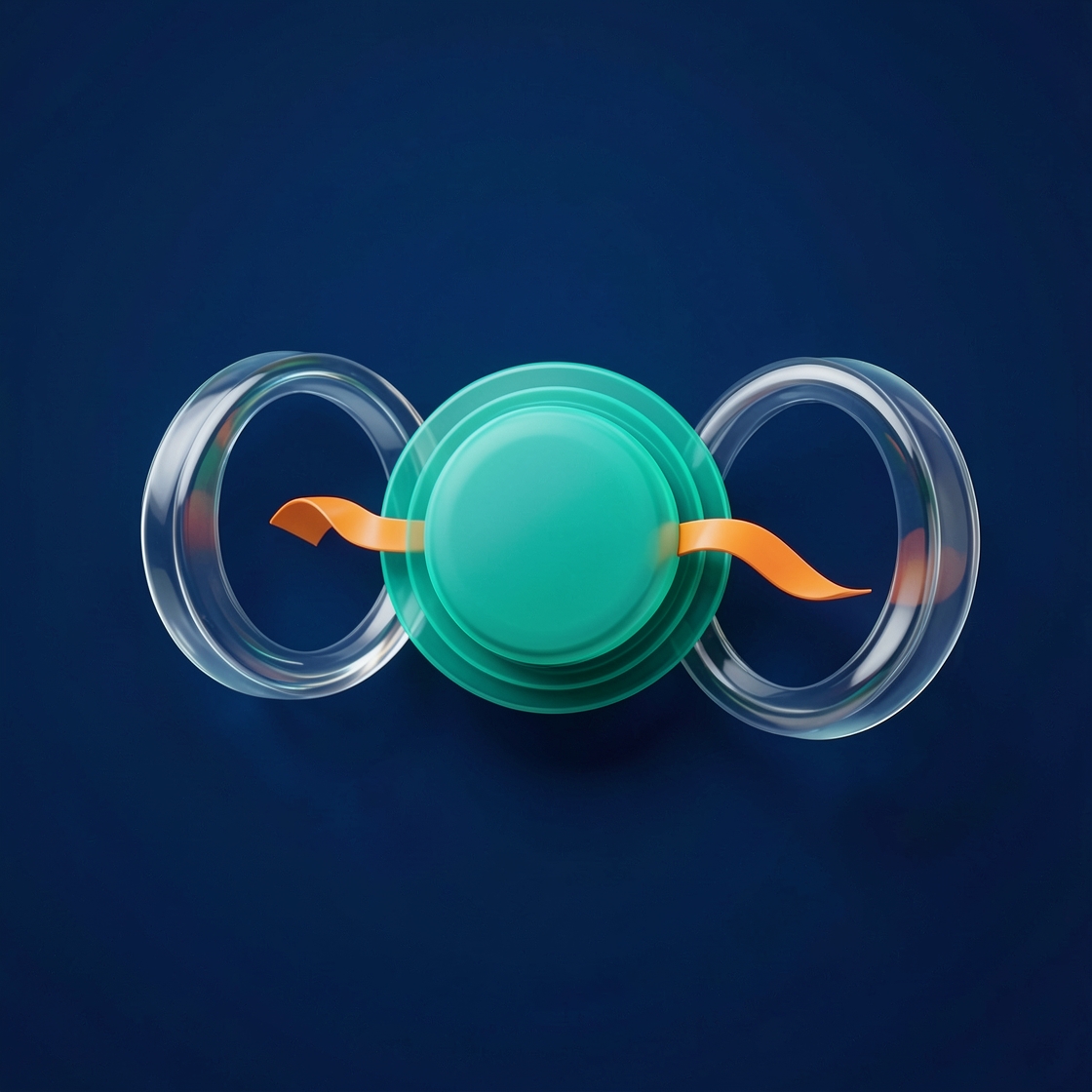 A layered teal disc between two clear glass rings, joined by an orange ribbon on a dark blue background.