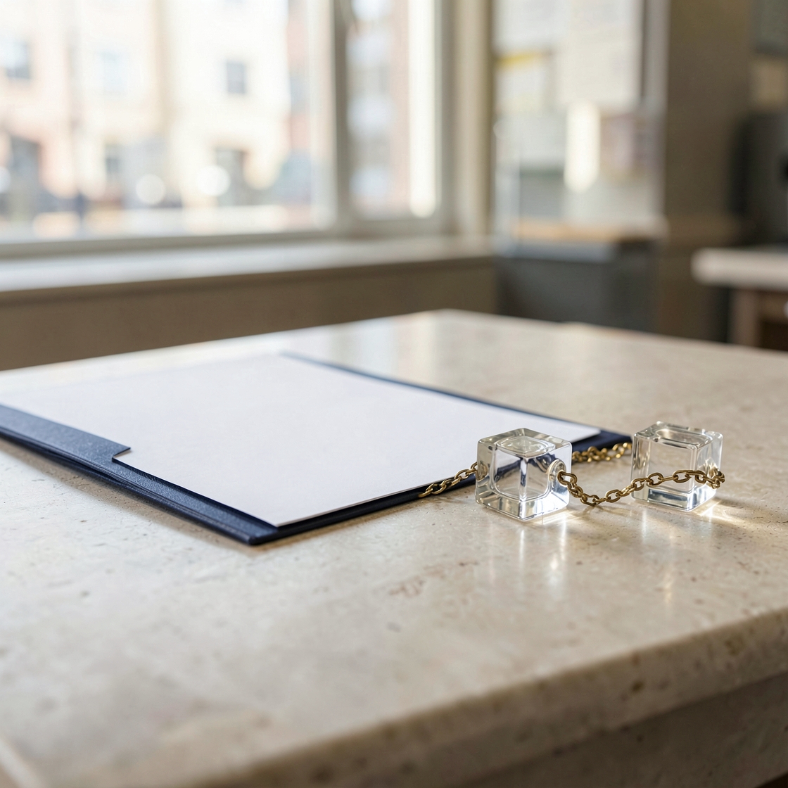 Blank sheets on a dark blue folder beside two clear glass cubes linked by a brass chain
