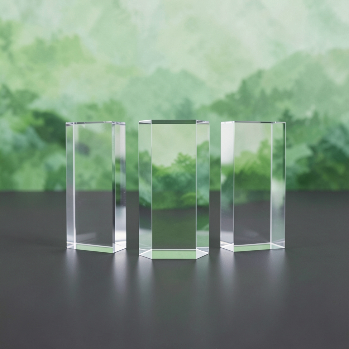 Three clear glass blocks on a dark surface refract a soft green landscape