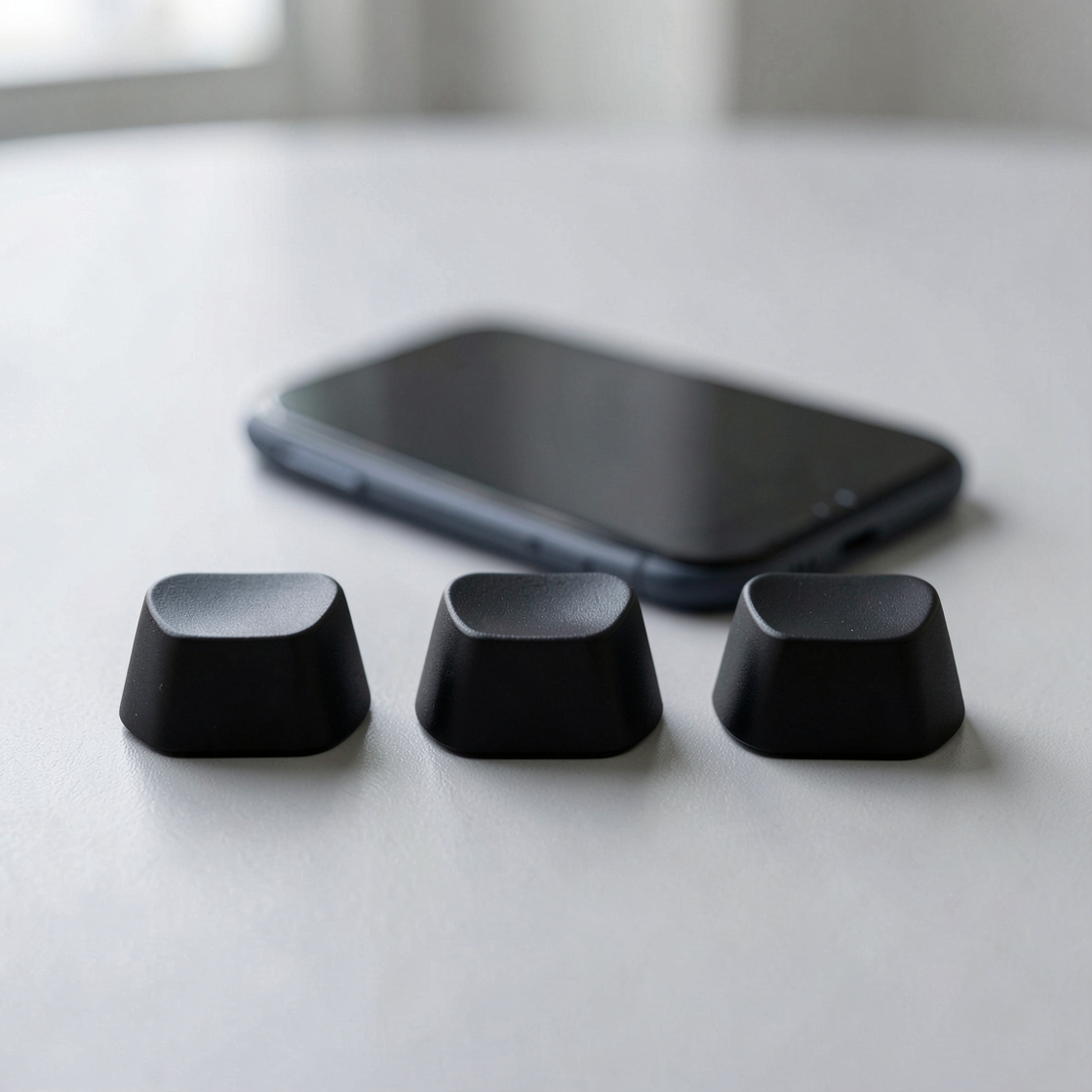 Three loose blank black keycaps in a row with a dark smartphone blurred behind them