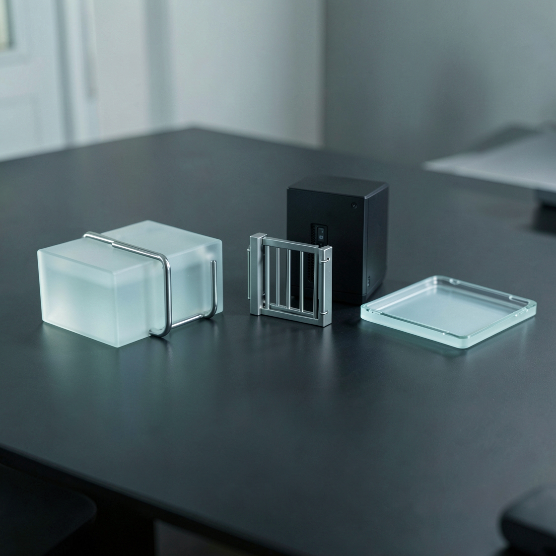 Frosted glass block, small metal gate, black computer tower and empty tray on a grey desk