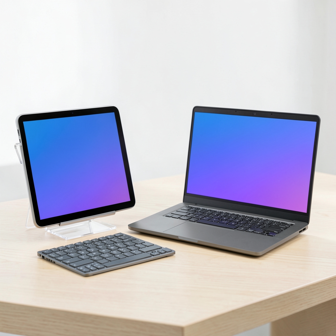 Unbranded tablet with a separate keyboard beside a compact laptop on a desk