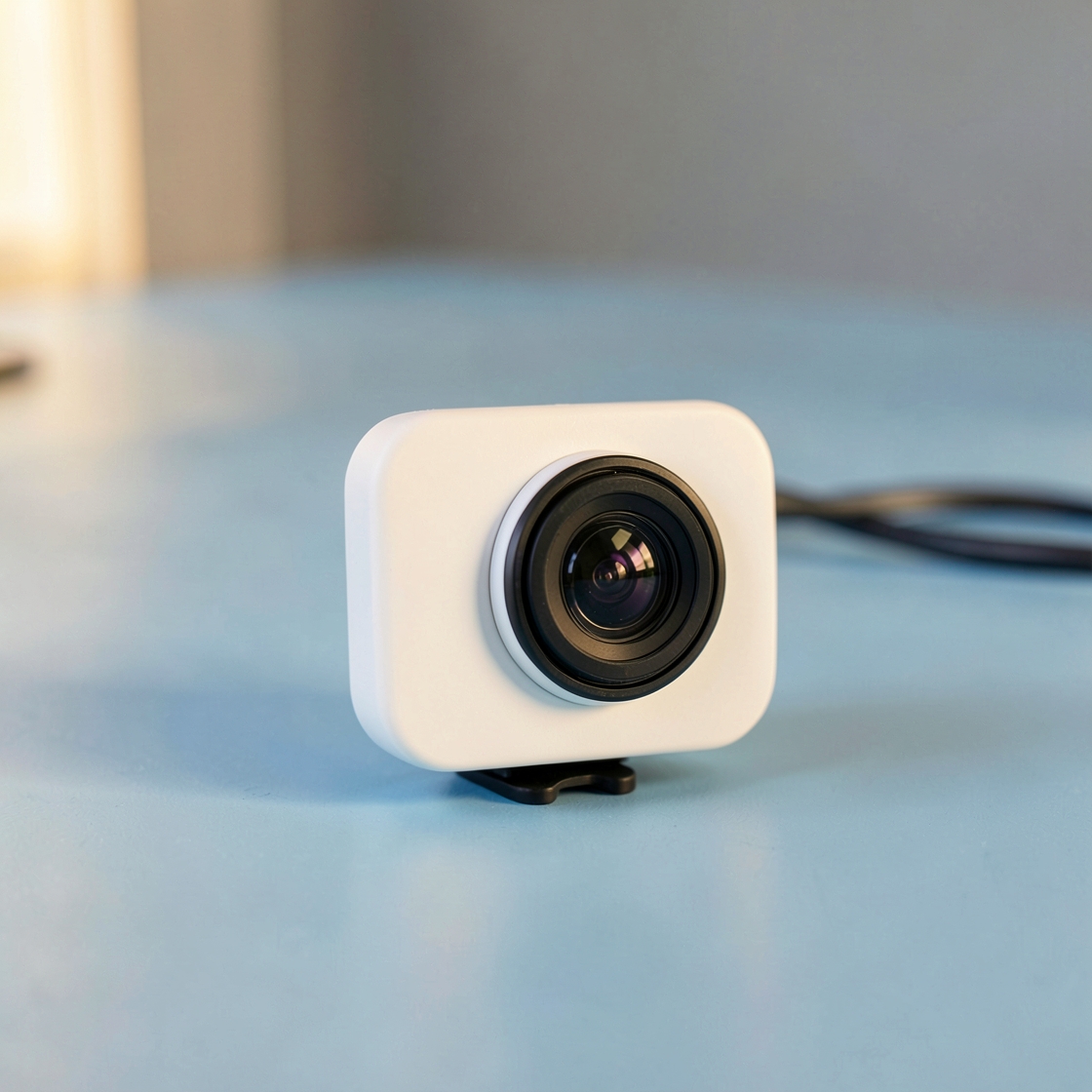 Generic white webcam with a round lens and black mounting clip on a blue desk