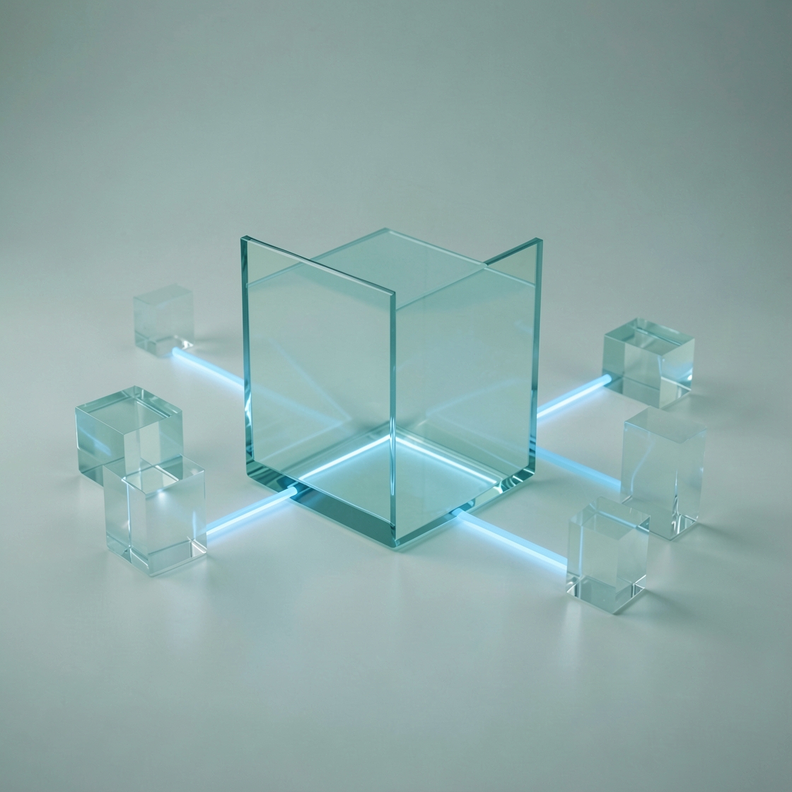 A large glass cube connected to smaller cubes by blue illuminated paths