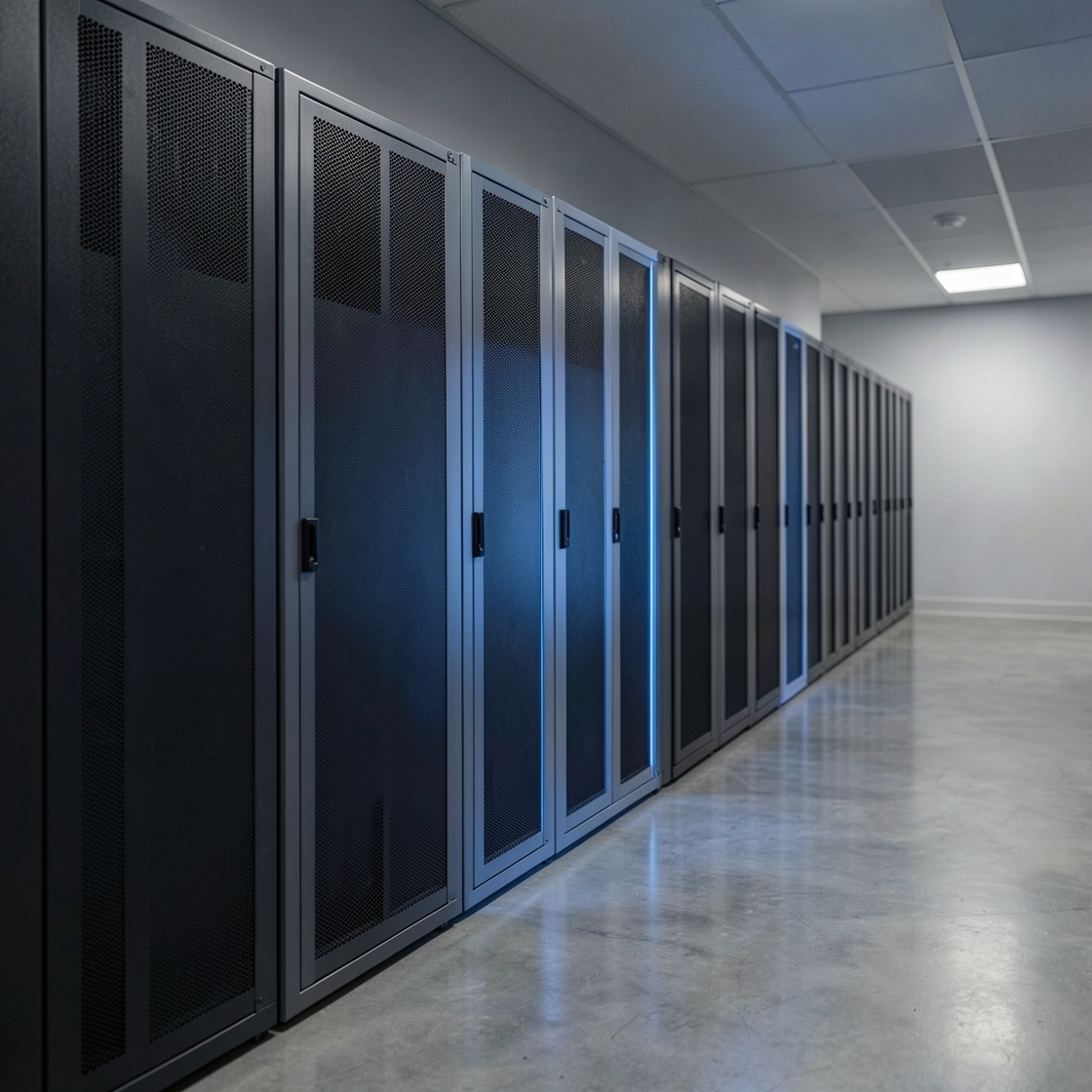 Conceptual row of unbranded server racks in a bright data-centre aisle with soft blue lighting
