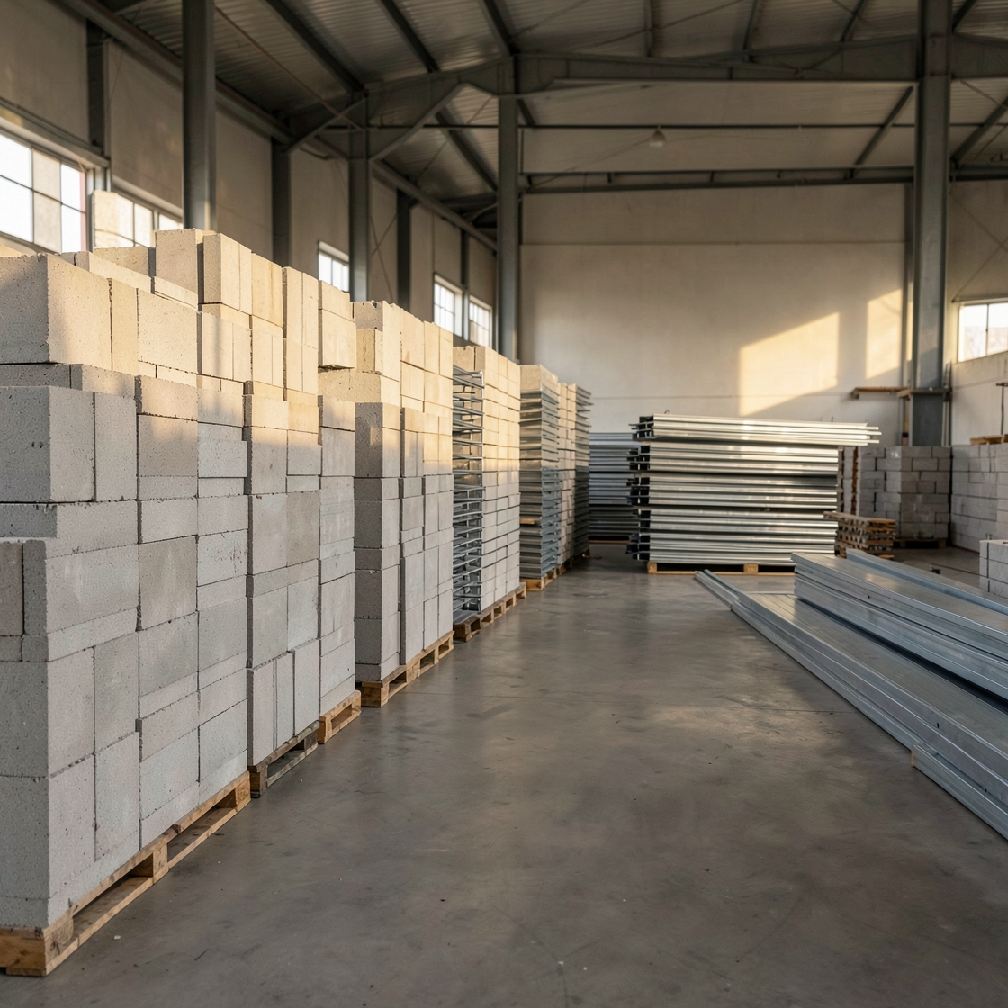Organized pallets of building materials inside a sunlit warehouse