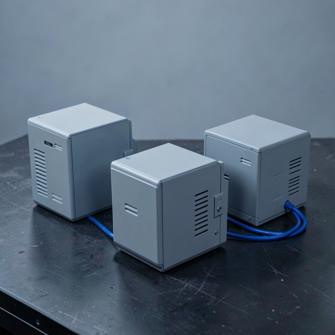 Three plain metal equipment enclosures connected by blue cables on a workbench