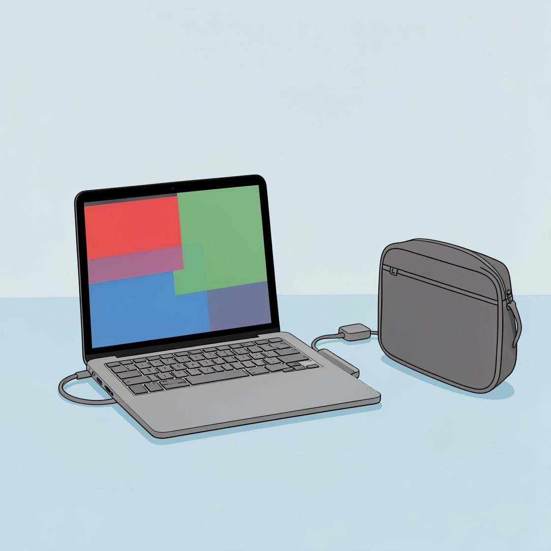 Illustration of an open slim laptop with an abstract color screen beside a small USB-C hub and a travel bag.
