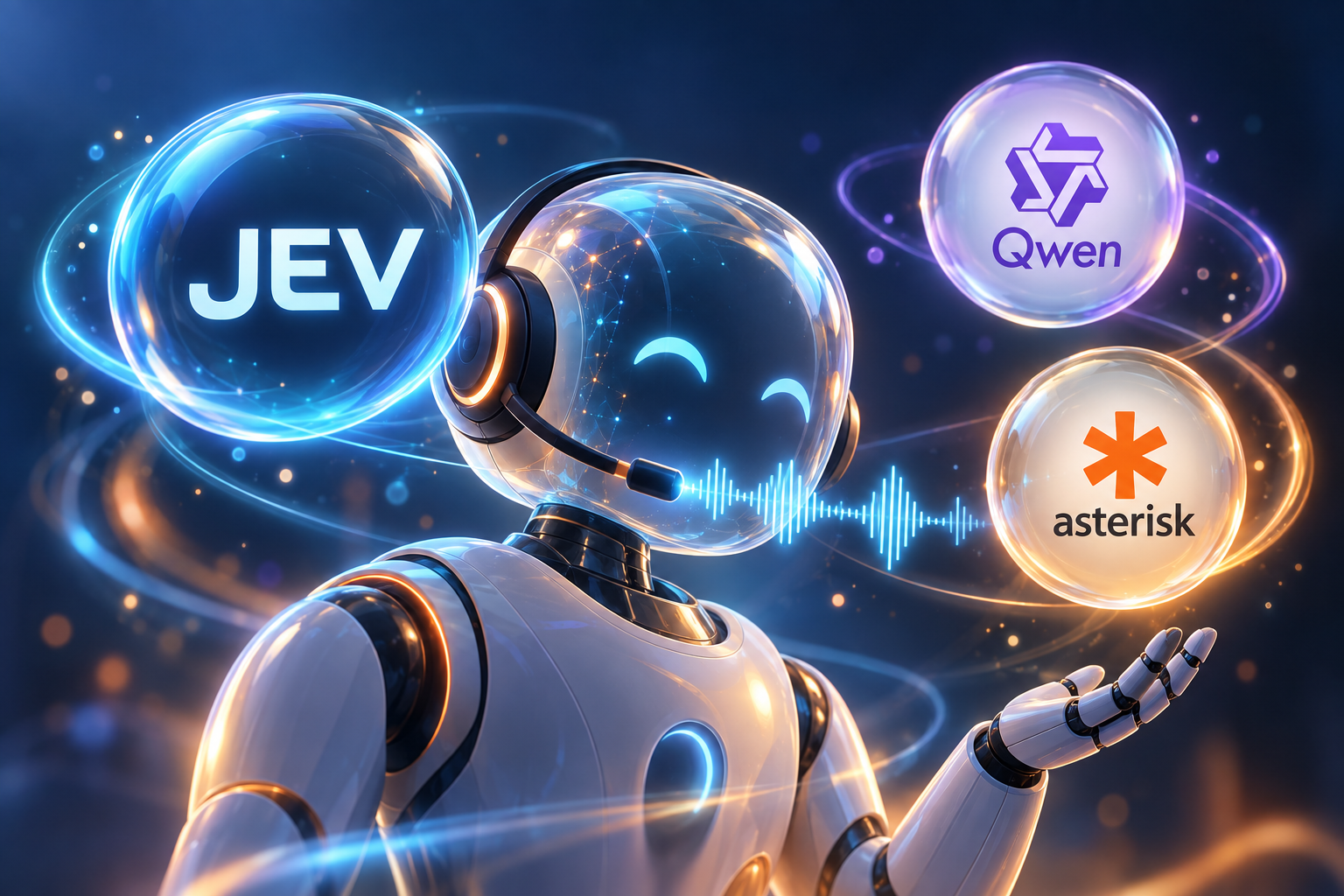 Editorial AI illustration of a headset-wearing voice agent with JEV, Qwen and Asterisk badges.