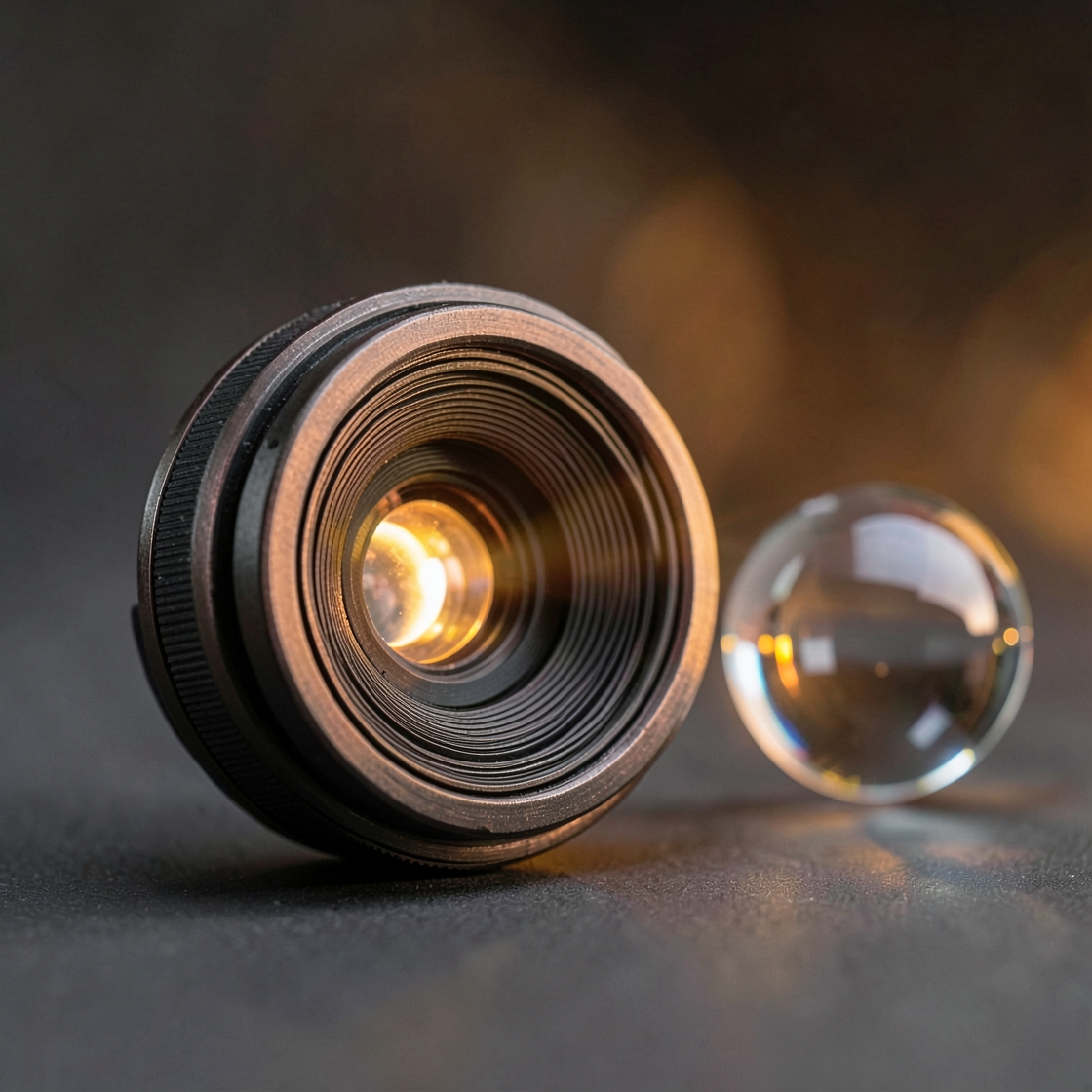 Unbranded camera lens beside a clear glass sphere on a dark surface