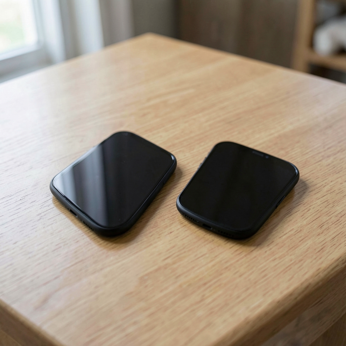 Two unbranded smartphones with blank dark screens on a wooden table beside a window.