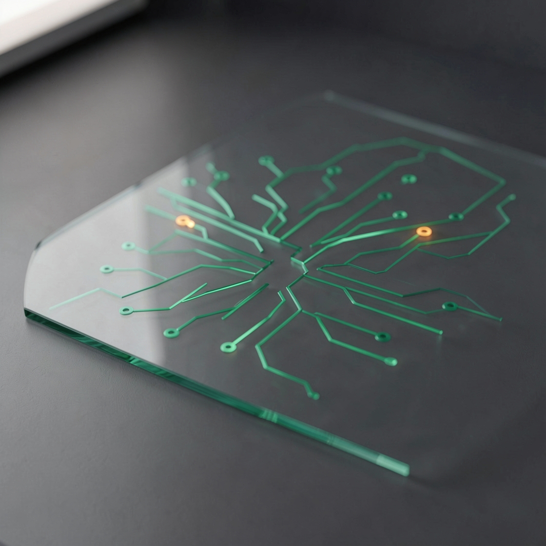 Green circuit paths and two amber nodes on a transparent panel above a dark desk.