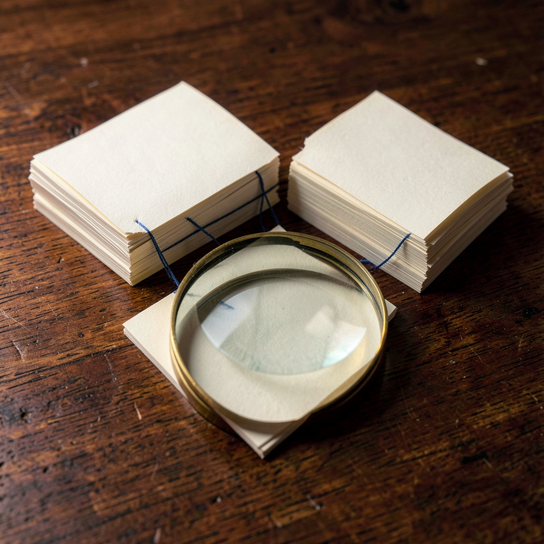 Blank cream cards linked by blue thread beneath a round lens on a wooden desk