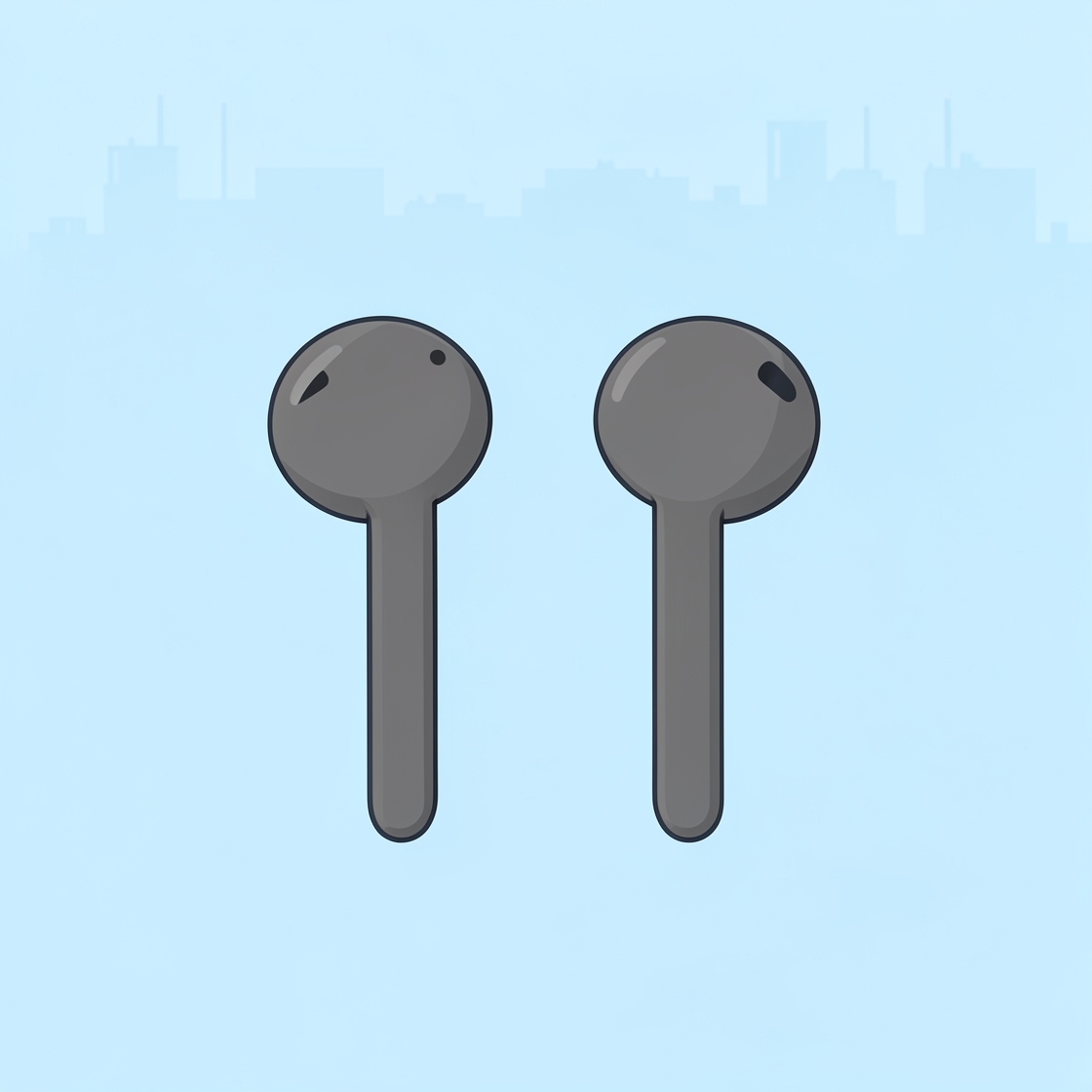 Stylized illustration of two dark gray open-fit wireless earbuds against a pale blue city silhouette.