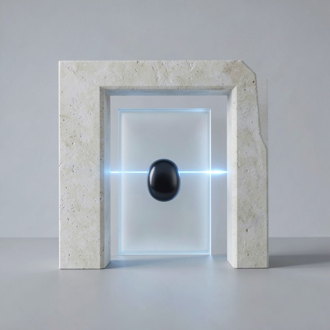 Pale stone doorway frame around frosted glass, with a dark oval token and a thin blue light line