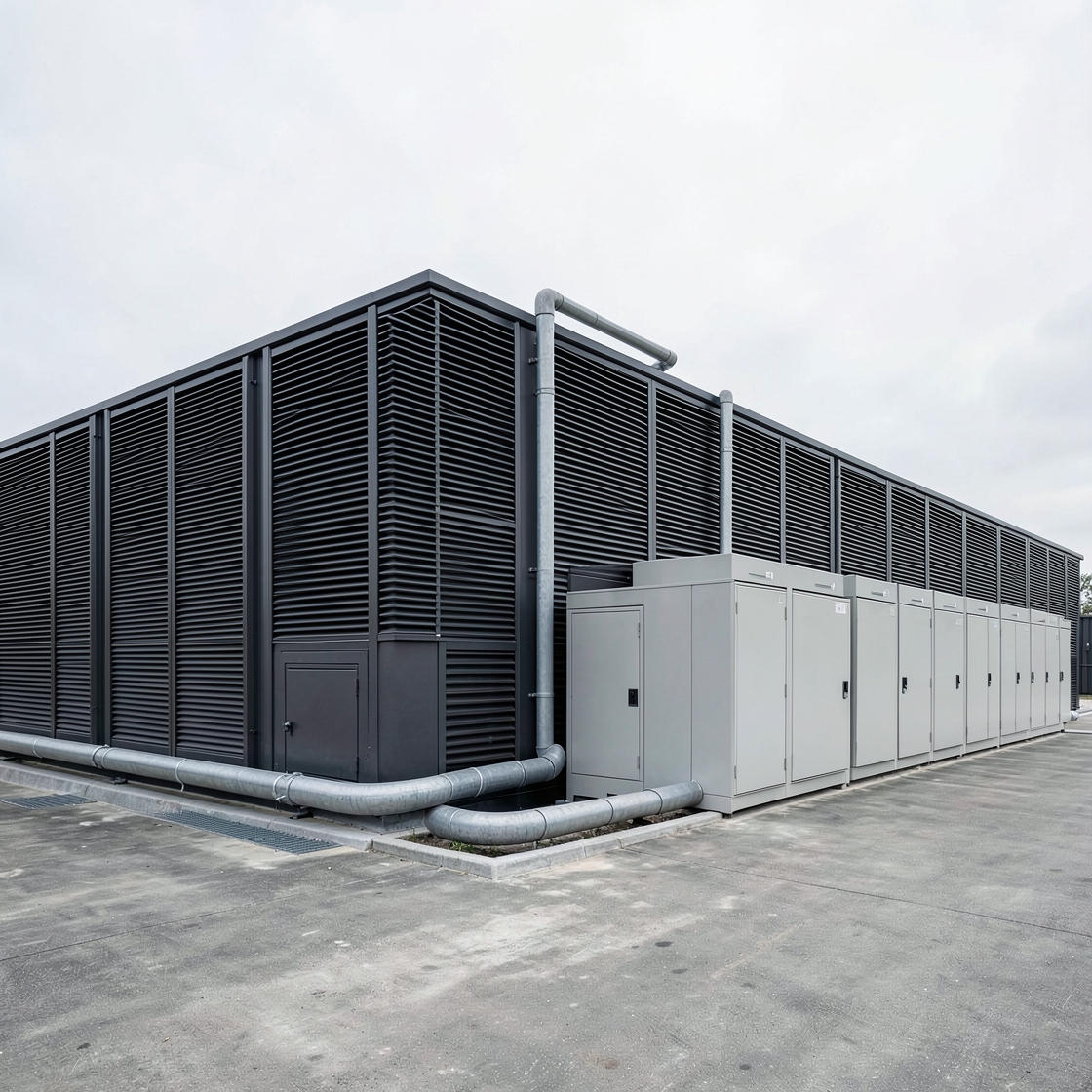 AI-generated conceptual data centre exterior with electrical cabinets and cooling conduits; not a specific Huawei installation